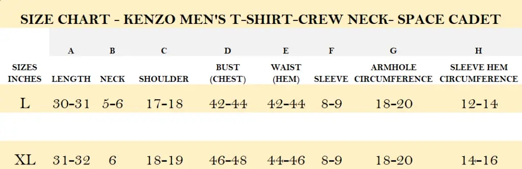 SIZE CHART - KENZO MEN'S T-SHIRT-CREW NECK- SPACE CADET.webp