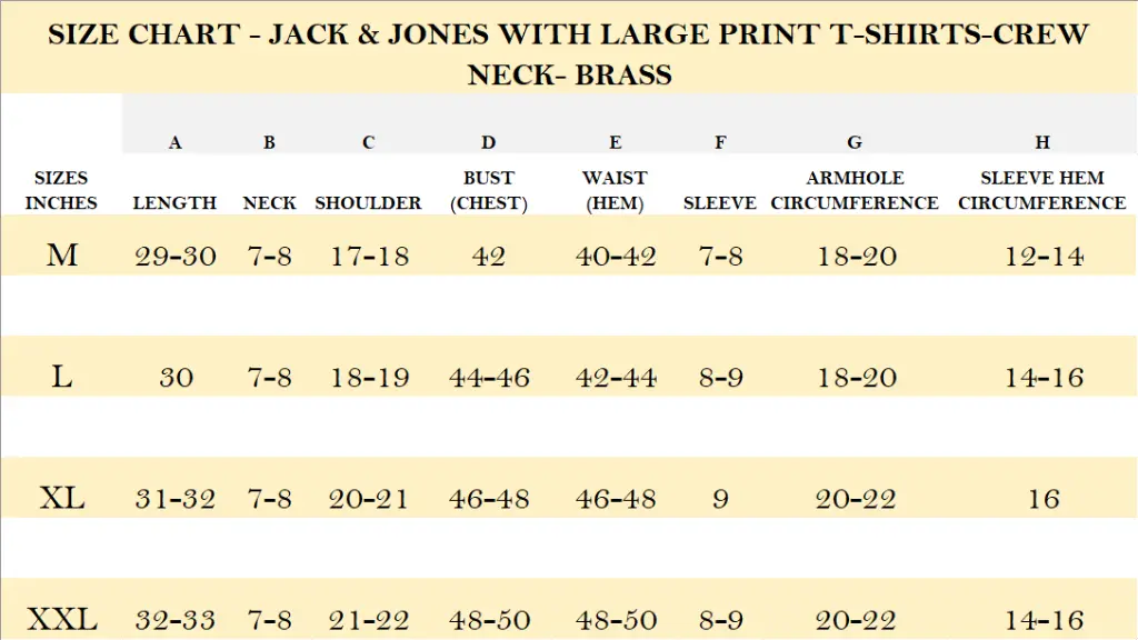 SIZE CHART - JACK & JONES WITH LARGE PRINT T-SHIRTS-CREW NECK- BRASS.webp