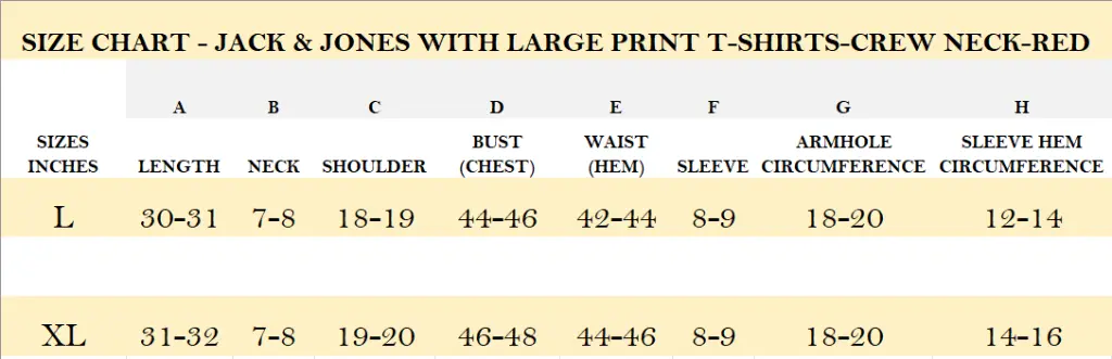 SIZE CHART - JACK & JONES WITH LARGE PRINT T-SHIRTS-CREW NECK-RED.webp