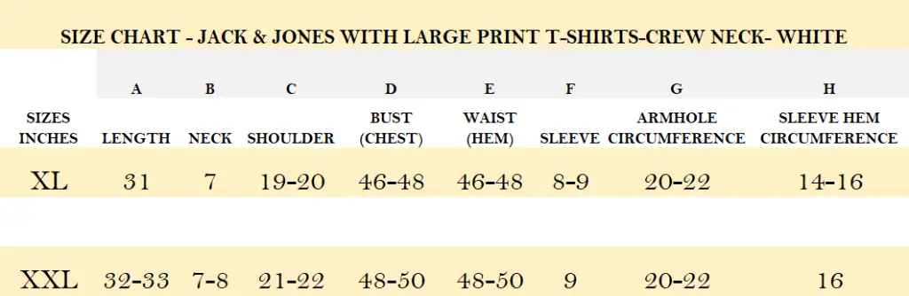 SIZE CHART - JACK & JONES WITH LARGE PRINT T-SHIRTS-CREW NECK- WHITE.webp