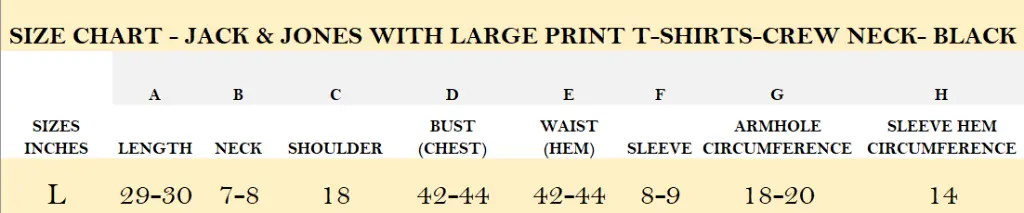 SIZE CHART - JACK & JONES WITH LARGE PRINT T-SHIRTS-CREW NECK- BLACK.webp