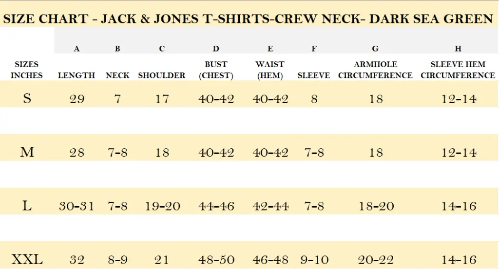 SIZE CHART - JACK & JONES T-SHIRTS-CREW NECK- DARK SEA GREEN.webp