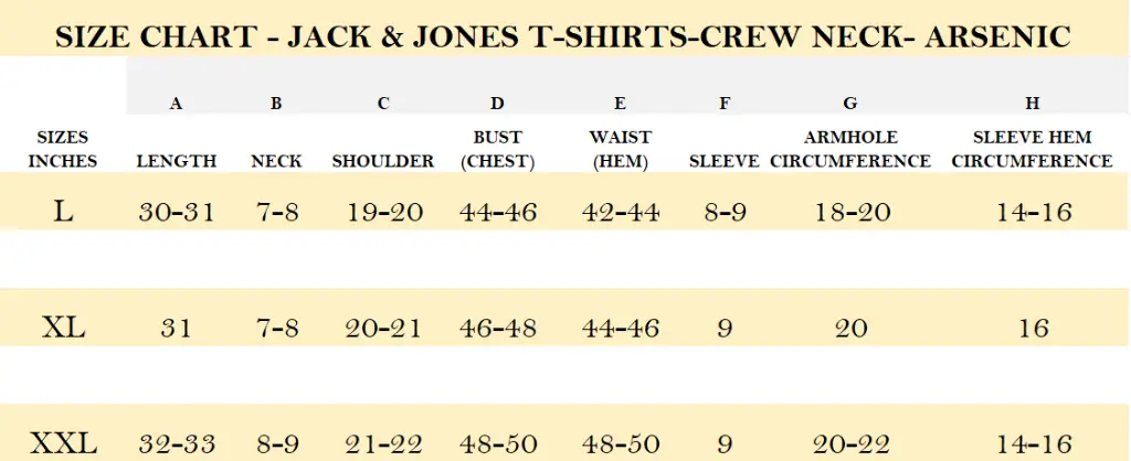 SIZE CHART - JACK & JONES T-SHIRTS-CREW NECK- ARSENIC.webp
