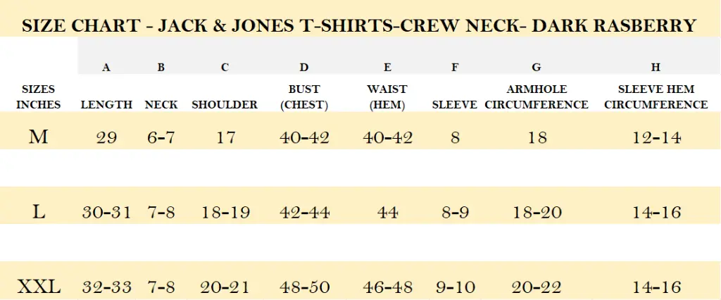 SIZE CHART - JACK & JONES T-SHIRTS-CREW NECK- DARK RASBERRY.webp