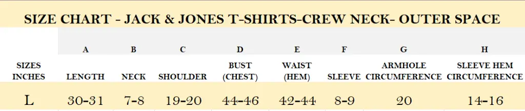 SIZE CHART - JACK & JONES T-SHIRTS-CREW NECK- OUTER SPACE.webp