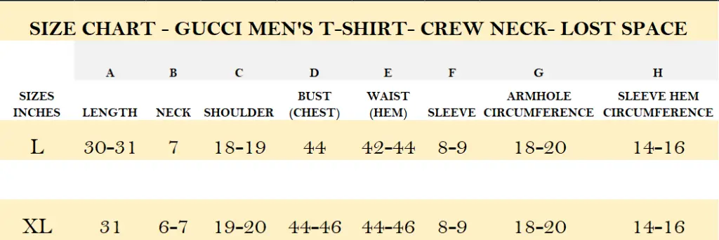 SIZE CHART - GUCCI MEN'S T-SHIRT- CREW NECK- LOST SPACE.webp