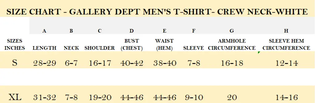SIZE CHART - GALLERY DEPT MEN'S T-SHIRT- CREW NECK-WHITE.webp
