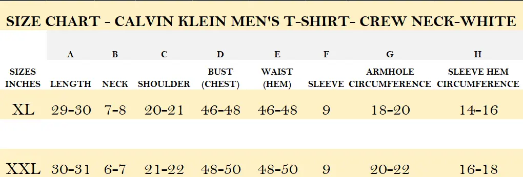 SIZE CHART - CALVIN KLEIN MEN'S T-SHIRT- CREW NECK-WHITE.webp