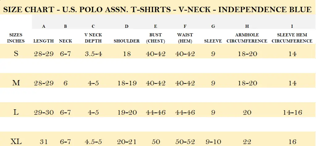 SIZE CHART - U.S. POLO ASSN. T-SHIRTS - V-NECK - INDEPENDENCE BLUE.webp