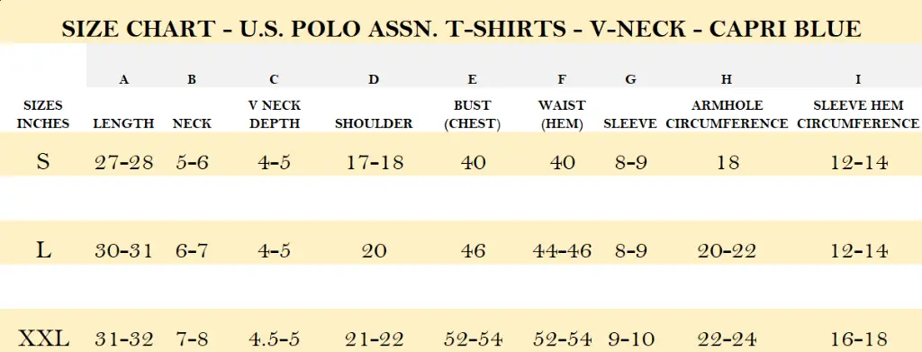SIZE CHART - U.S. POLO ASSN. T-SHIRTS - V-NECK - CAPRI BLUE.webp