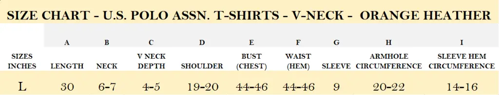 SIZE CHART - U.S. POLO ASSN. T-SHIRTS - V-NECK -  ORANGE HEATHER.webp